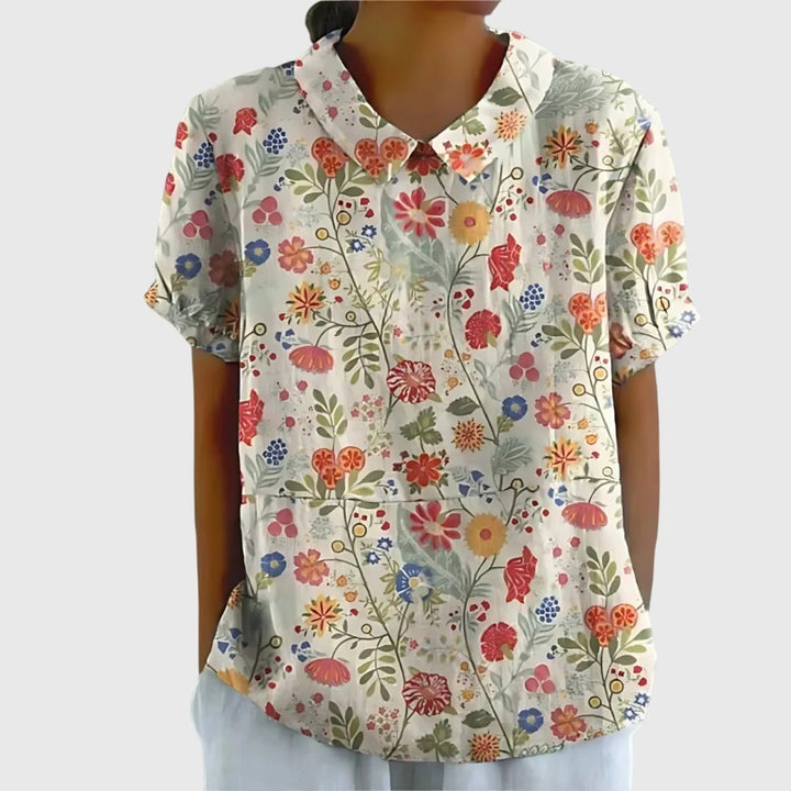 Laura | Damebluse Hør Blomsterprint Kort Ærme Kravetop