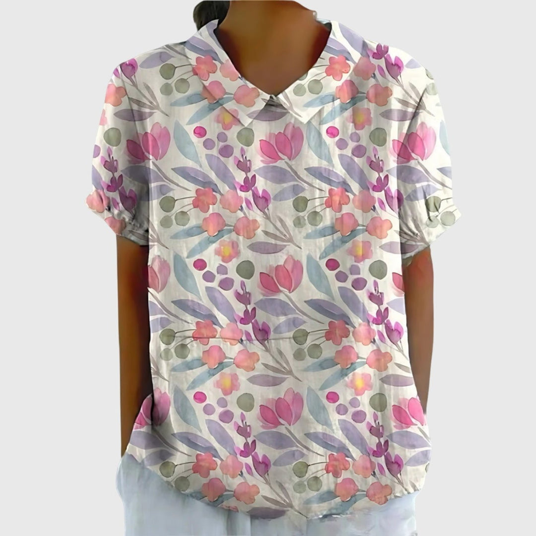 Laura | Damebluse Hør Blomsterprint Kort Ærme Kravetop