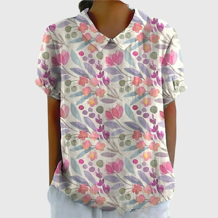 Laura | Damebluse Hør Blomsterprint Kort Ærme Kravetop