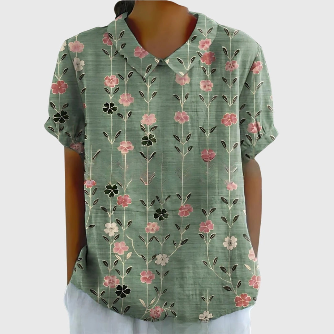 Laura | Damebluse Hør Blomsterprint Kort Ærme Kravetop