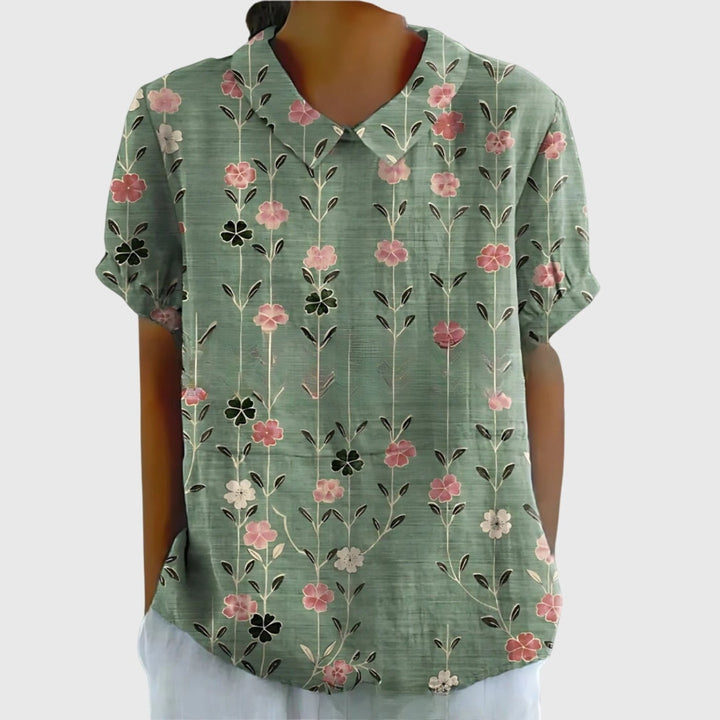 Laura | Damebluse Hør Blomsterprint Kort Ærme Kravetop