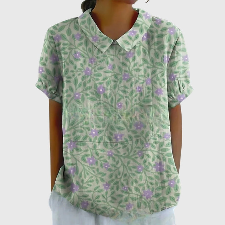 Laura | Damebluse Hør Blomsterprint Kort Ærme Kravetop