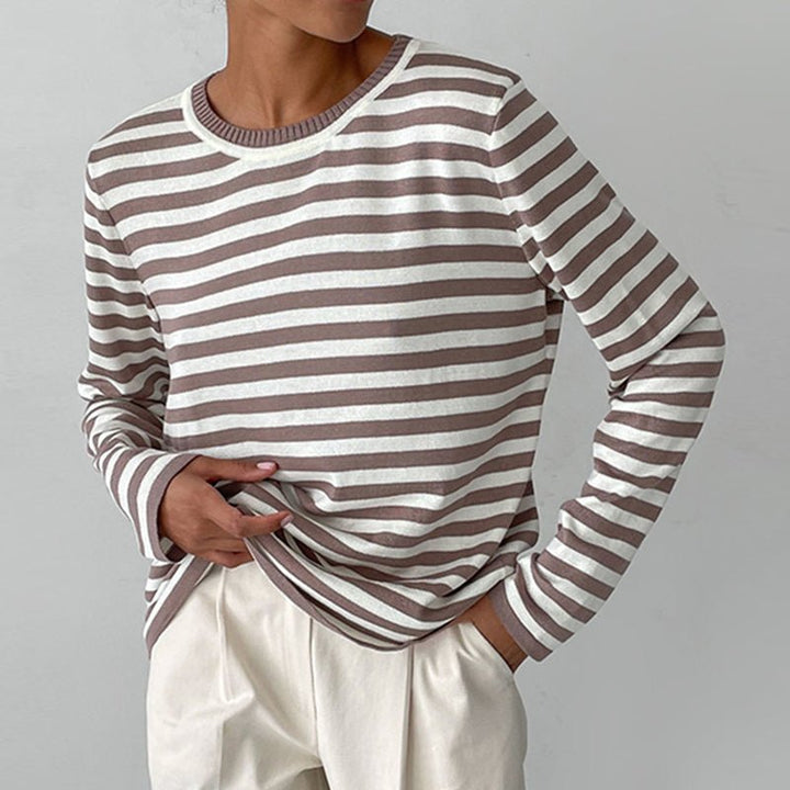 Agnes | Damer Stribet Langærmet T-Shirt med Rund Hals