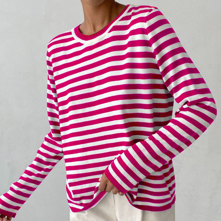 Agnes | Damer Stribet Langærmet T-Shirt med Rund Hals