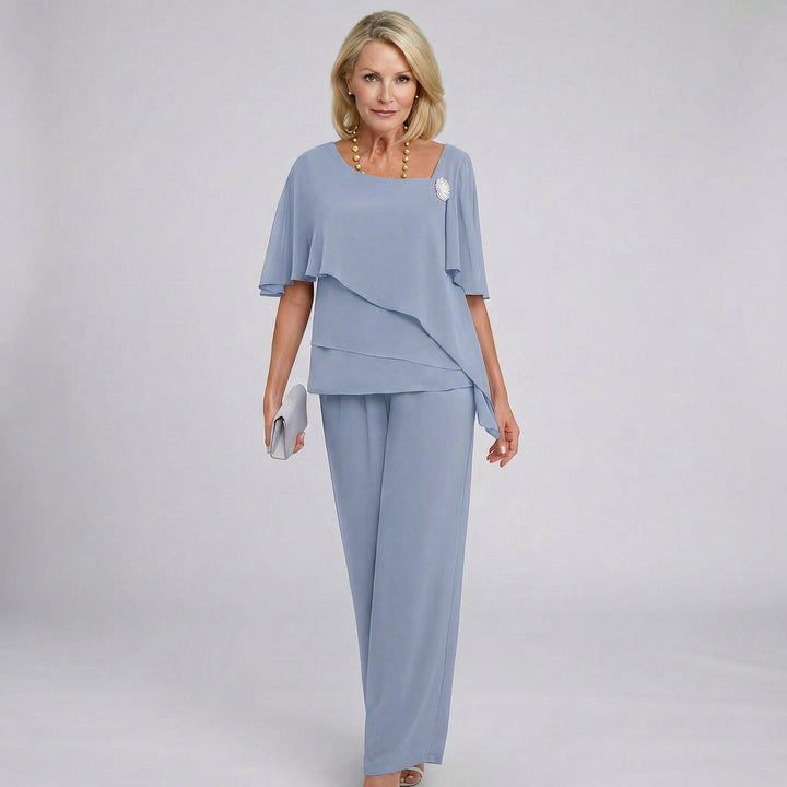Mathilde | Damers Chiffon Cape-Ærme Two-Piece Set Bukser med Brede Ben