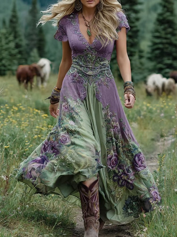 Astrid | Dames V-hals Blomster Maxi Kjole
