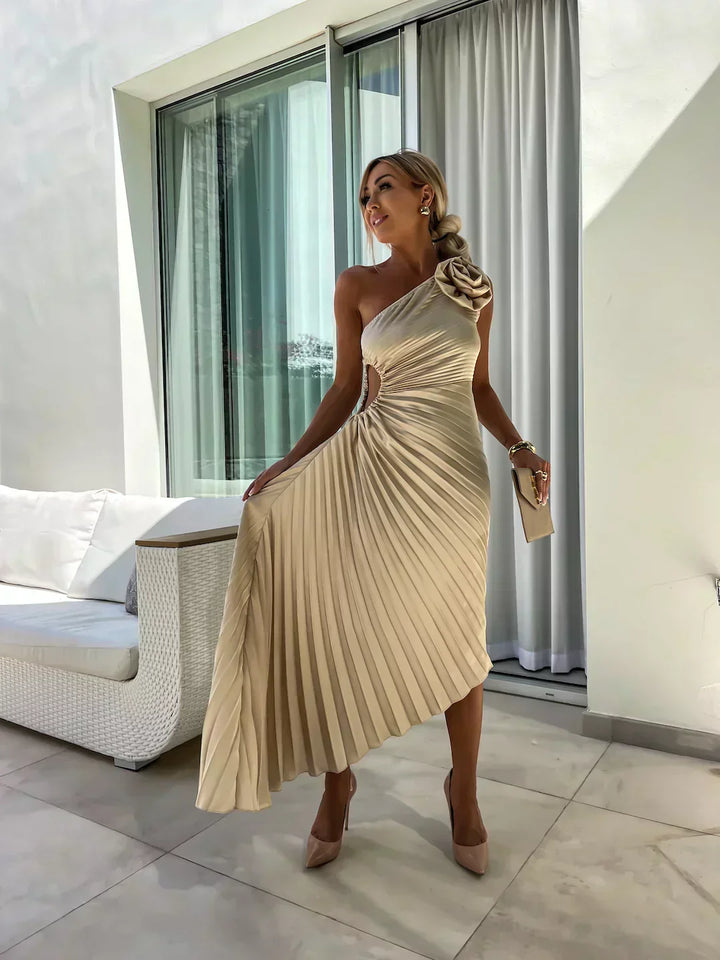 Annika | Dame Plisseret One-Shoulder Midi Kjole