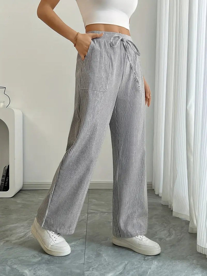 Clara | Linen Bukser Stribede Wide Leg med Lommer