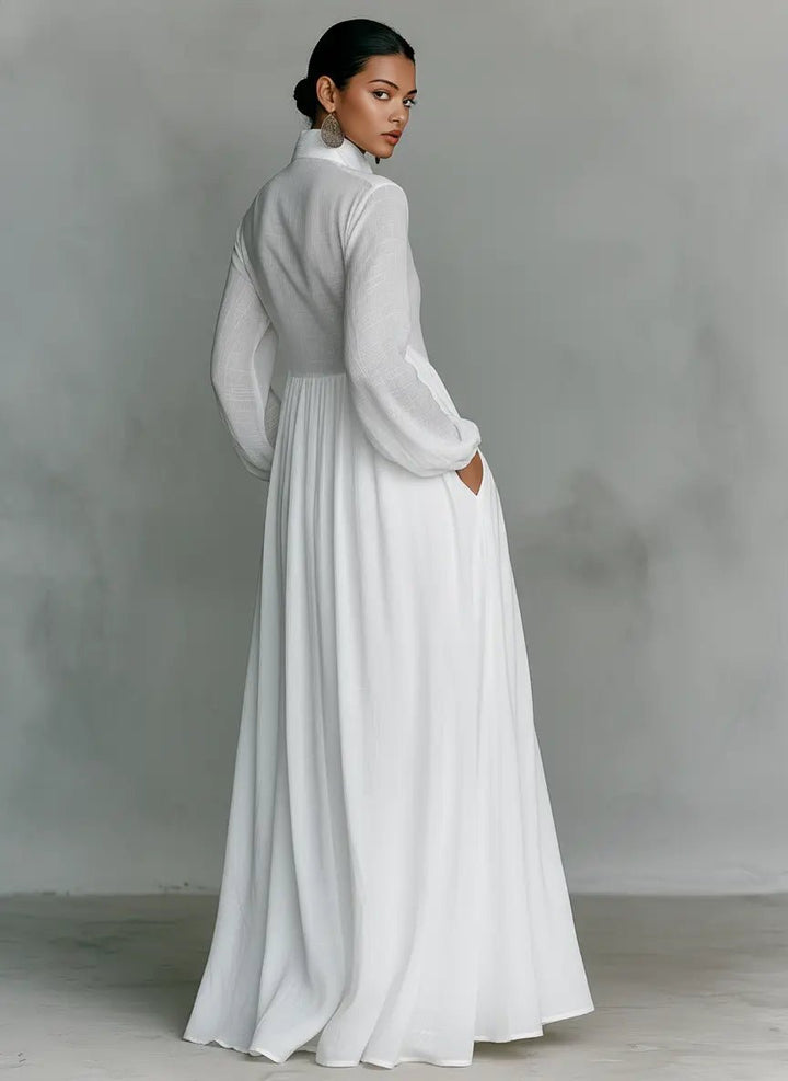 Clara | Maxi Kjole med Ståkrave og Patchwork Detaljer
