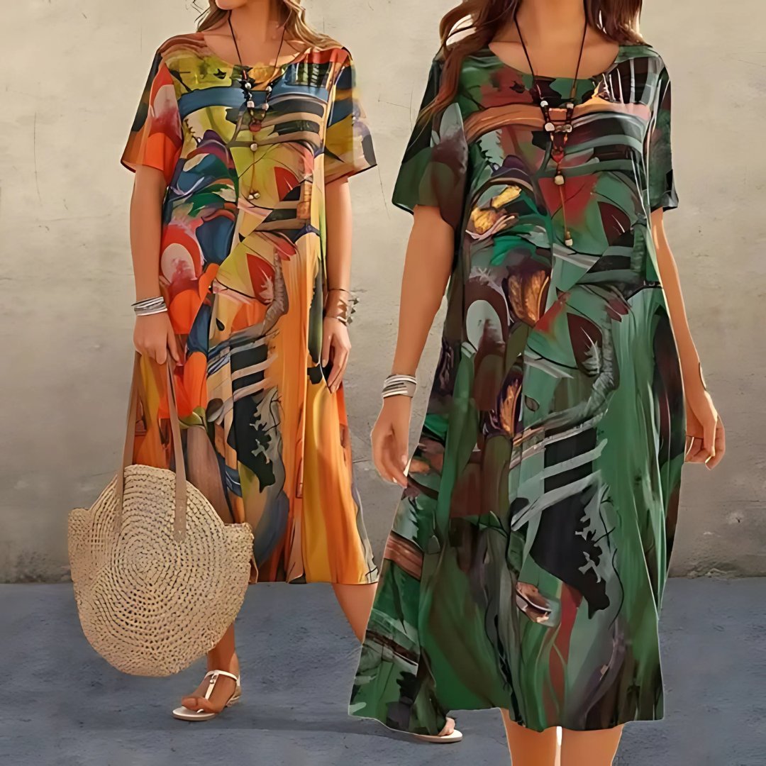 Ida | Plus Size Blomstret Kjole Kort Ærme Løs Pasform Boheme